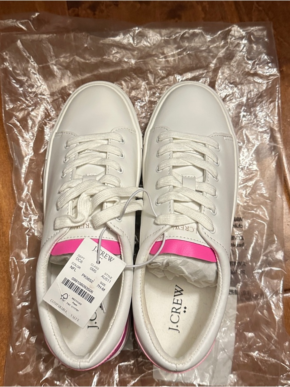 J. Crew White Leather Sneakers with Pink Heel and Tongue
